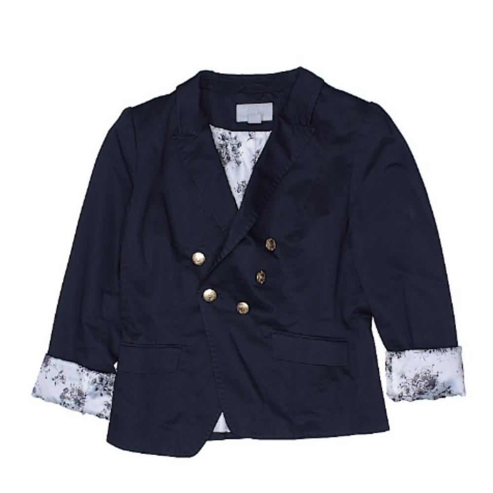 Navy Blazer with Gold Buttons and Floral Accent